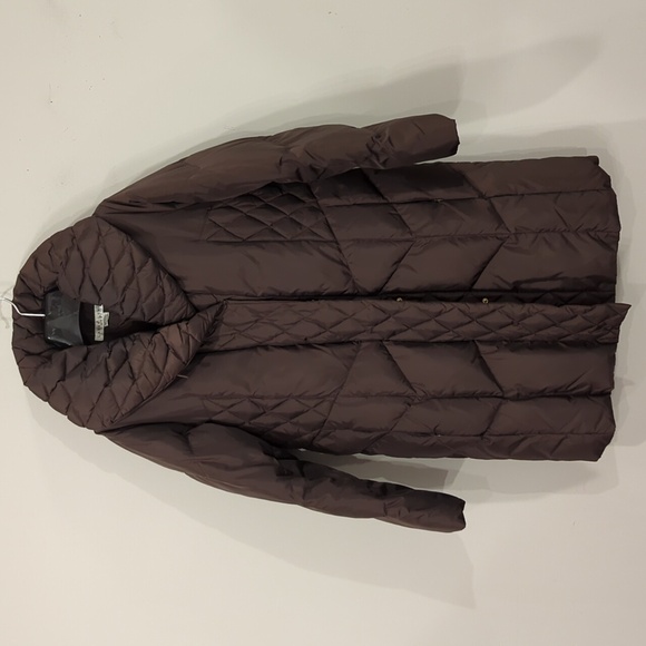 Vintage Down Jacket Long Line Brown size Large Quilted Collar - Picture 1 of 14